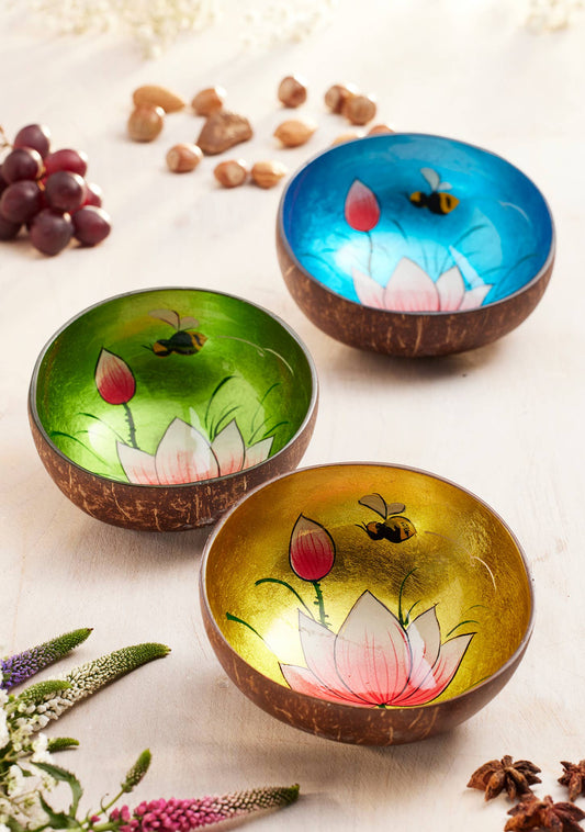 Coconut Bowl With Bee & Flowers