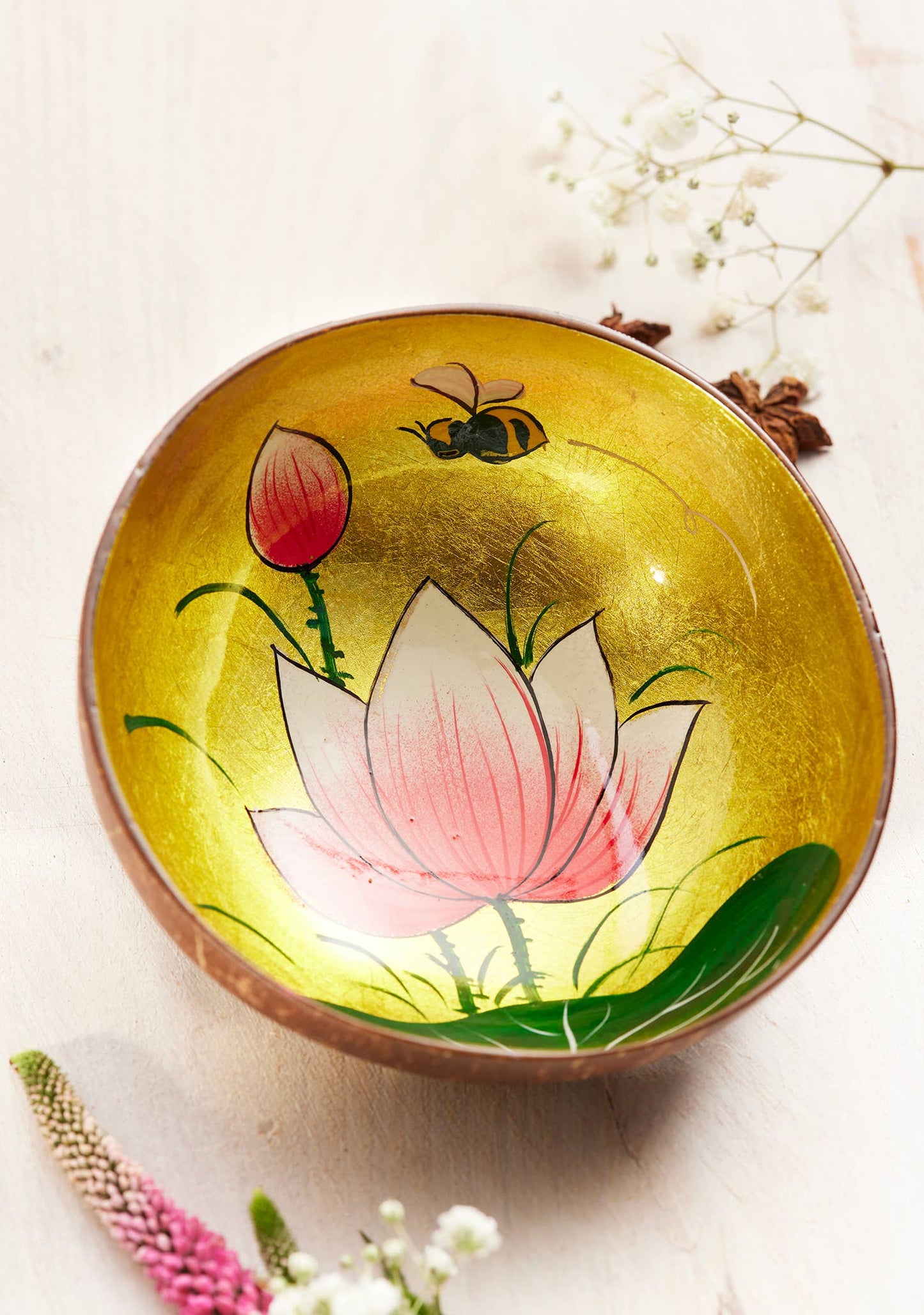 Coconut Bowl With Bee & Flowers