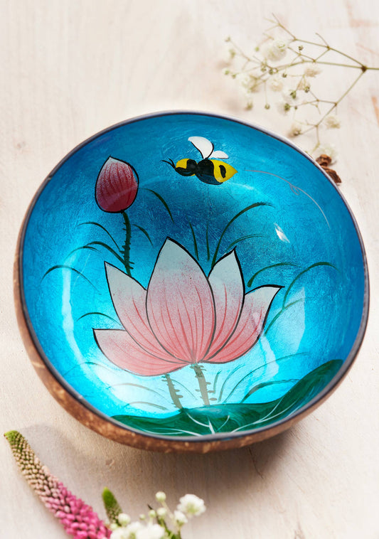 Coconut Bowl With Bee & Flowers